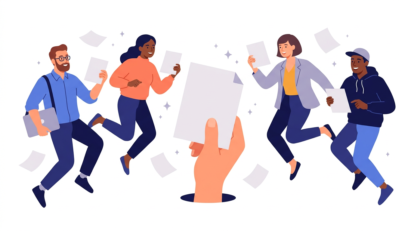 Four tech workers leaping toward a job posting held up by a hand