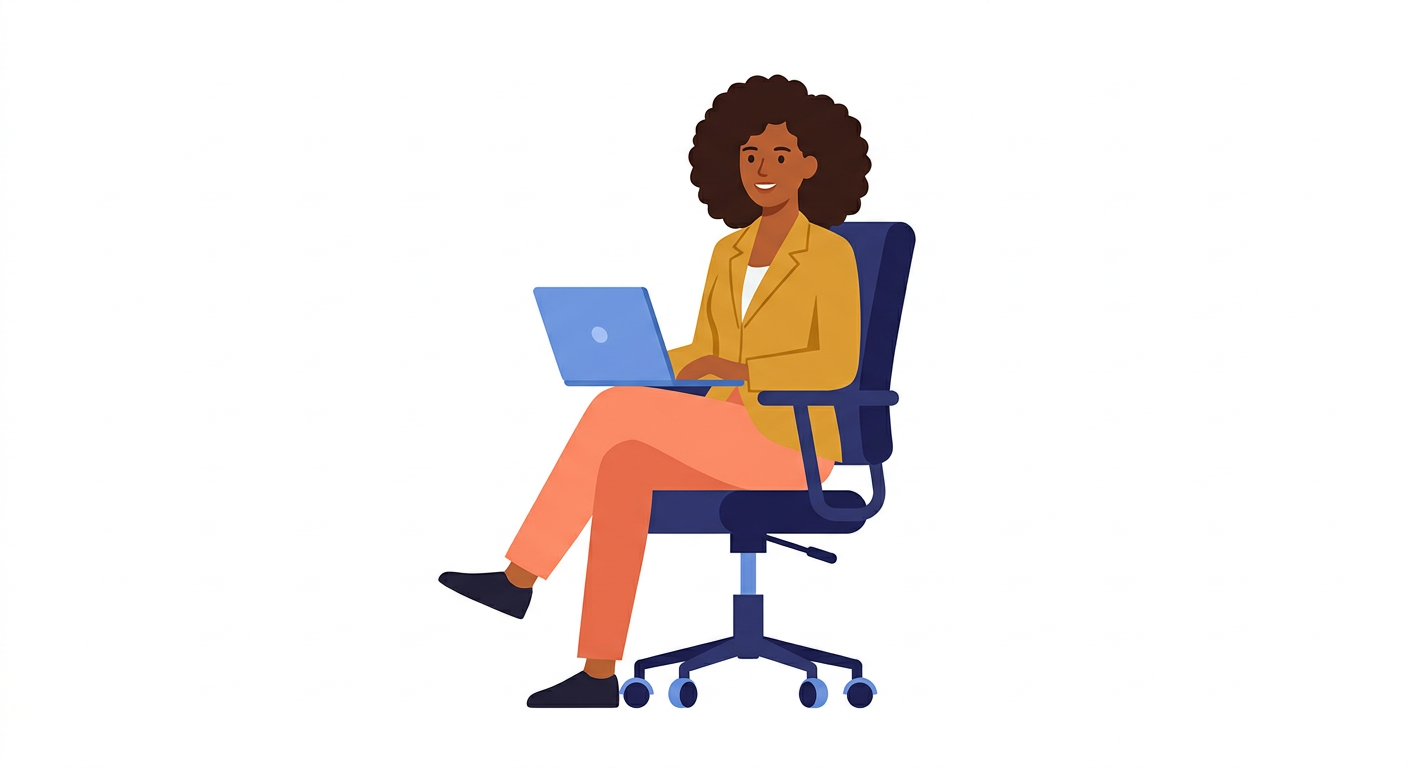 Illustration of a person in a yellow blazer sitting on an office chair with a laptop